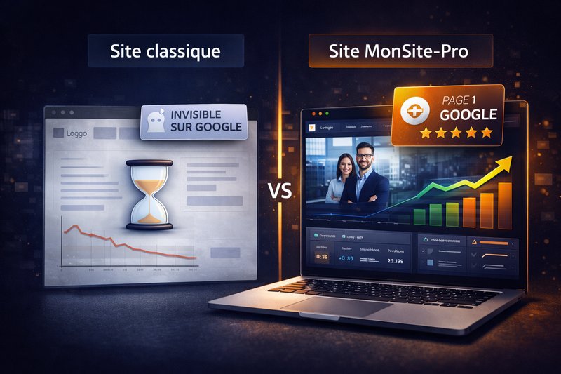 Comparaison site classique invisible sur Google vs site MonSite-Pro optimisé SEO en page 1 Google