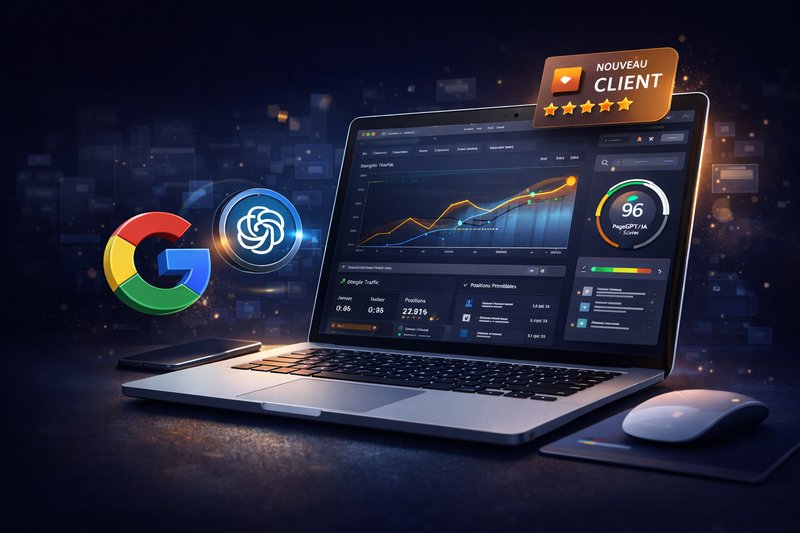 Dashboard SEO avec Google Traffic, positions Google, score PageSpeed 96 et notification Nouveau Client — MonSite-Pro.be