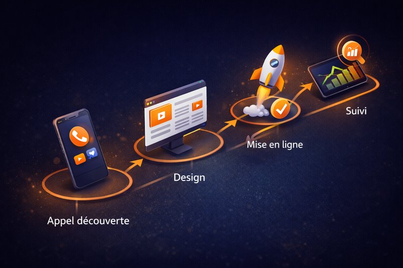 Les 4 étapes MonSite-Pro : Appel découverte, Design, Mise en ligne, Suivi — processus de création de site web