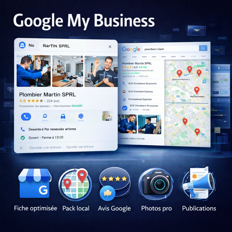 Google My Business — fiche Google optimisée avec avis, pack local, photos pro et publications