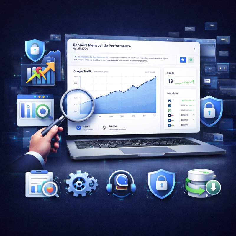 Maintenance et suivi — rapport mensuel de performance avec Google Traffic, leads, positions et icônes sécurité, sauvegardes, support