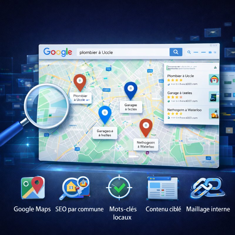 SEO Local Avancé — Google Maps avec résultats locaux par commune : plombier à Uccle, garage à Ixelles, nettoyage à Waterloo