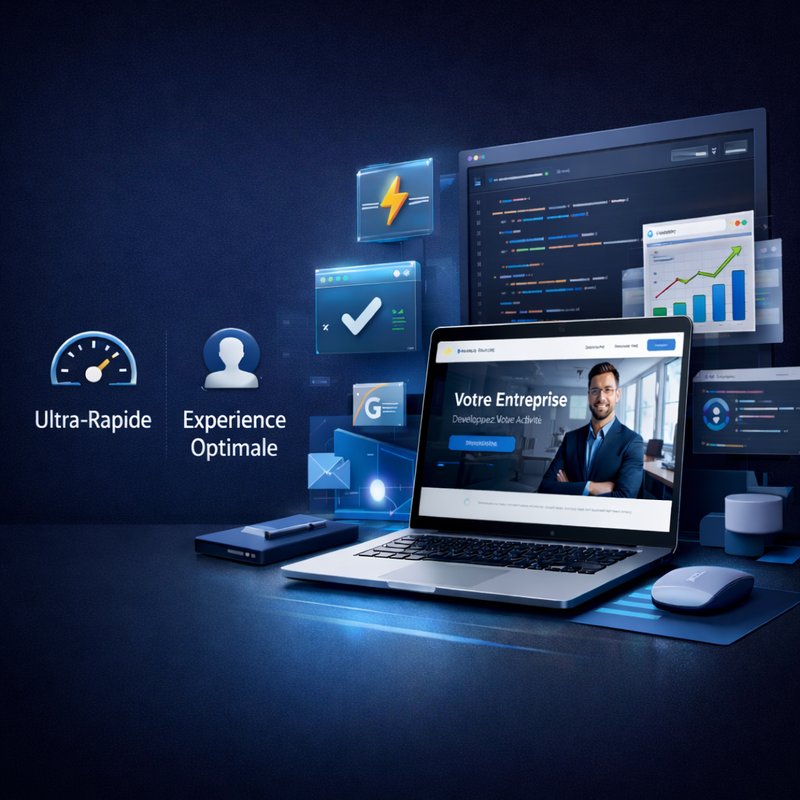Création de site internet professionnel — laptop avec site web optimisé SEO, dashboard de performance et icônes Ultra-Rapide, Expérience Optimale, SEO Performant
